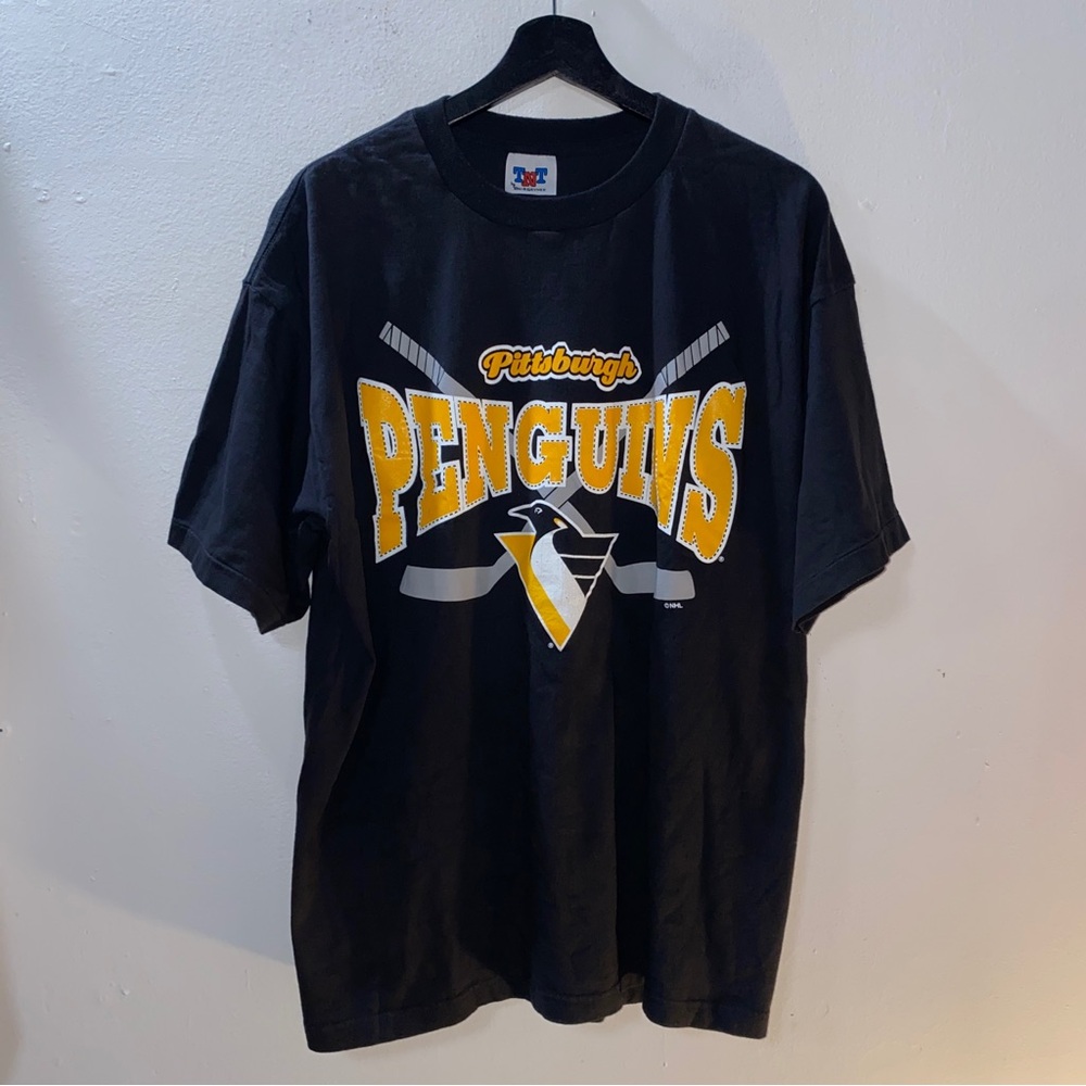 Vintage 90s Pittsburgh Penguins T-Shirt NHL Hockey Logo Black Yellow Size XL